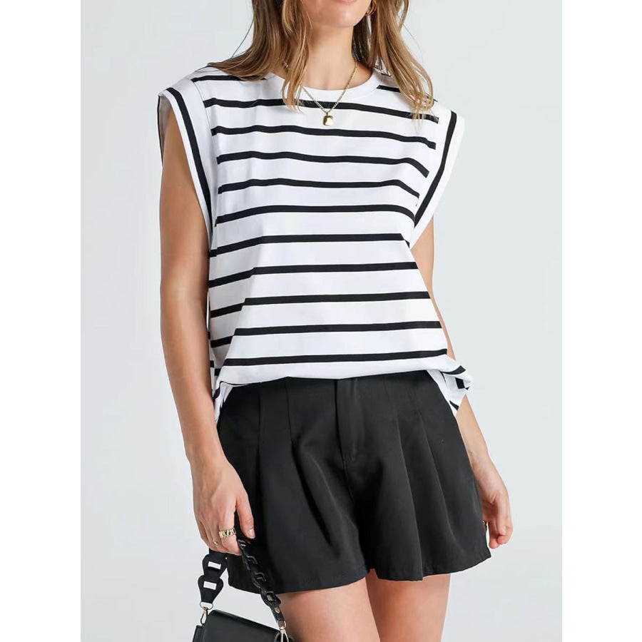 Striped Round Neck Cap Sleeve T - Shirt Apparel and Accessories