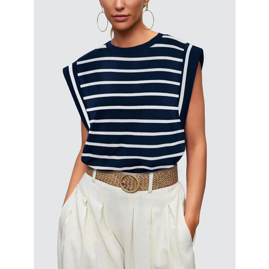 Striped Round Neck Cap Sleeve T - Shirt Apparel and Accessories