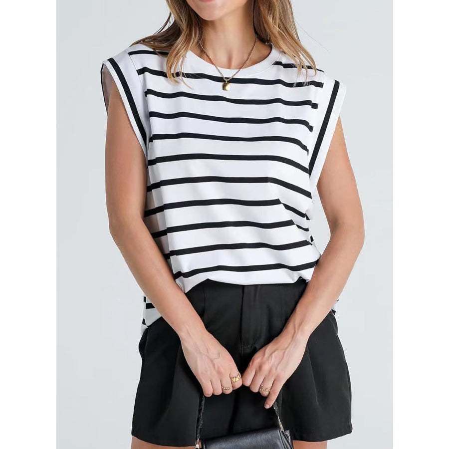 Striped Round Neck Cap Sleeve T - Shirt Apparel and Accessories