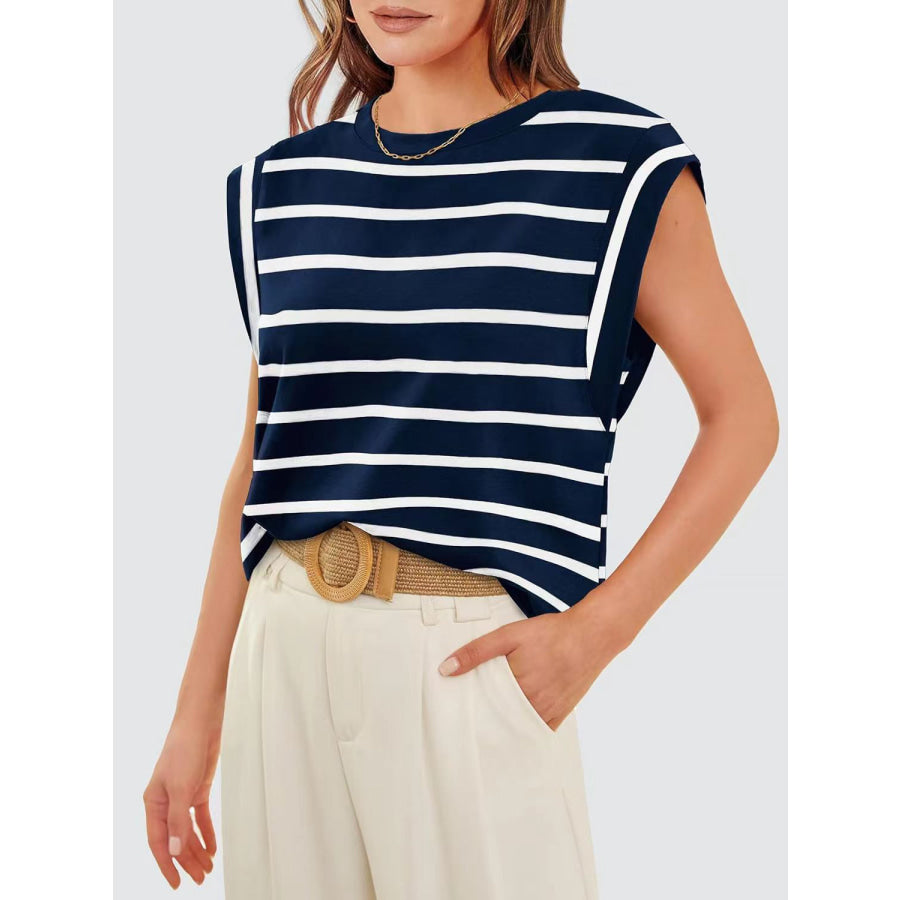 Striped Round Neck Cap Sleeve T - Shirt Apparel and Accessories