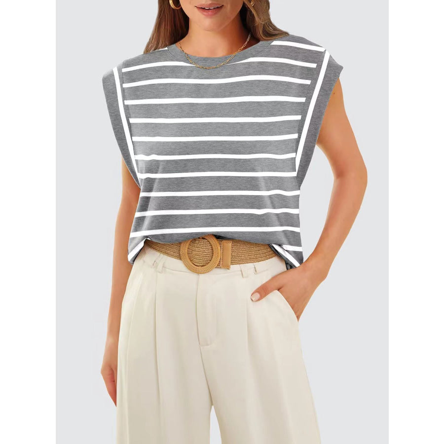 Striped Round Neck Cap Sleeve T - Shirt Apparel and Accessories