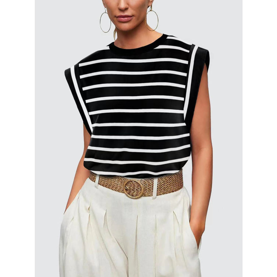 Striped Round Neck Cap Sleeve T - Shirt Apparel and Accessories