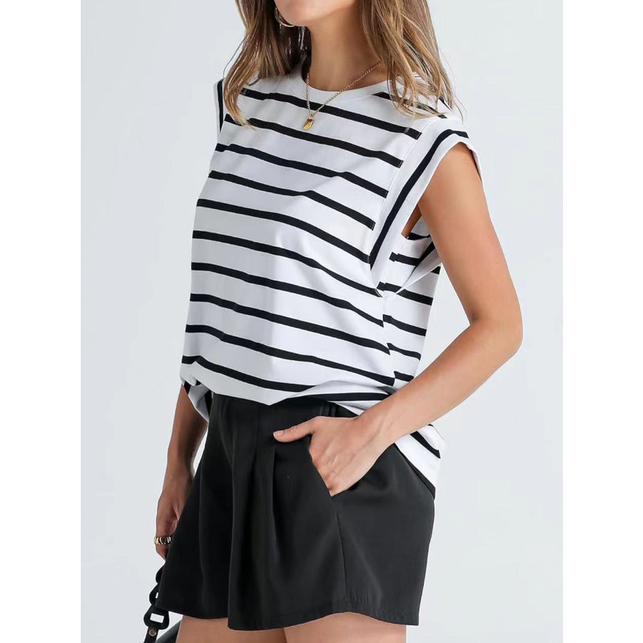 Striped Round Neck Cap Sleeve T - Shirt Apparel and Accessories