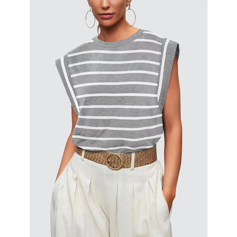 Striped Round Neck Cap Sleeve T - Shirt Apparel and Accessories