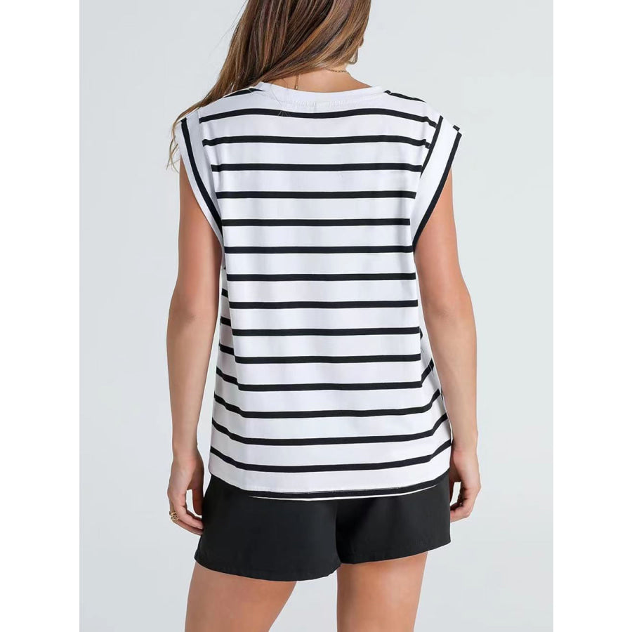 Striped Round Neck Cap Sleeve T - Shirt Apparel and Accessories