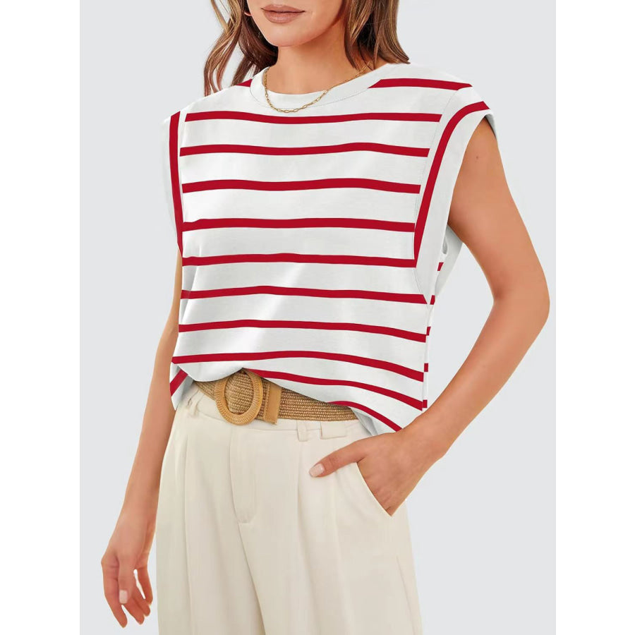 Striped Round Neck Cap Sleeve T - Shirt Apparel and Accessories