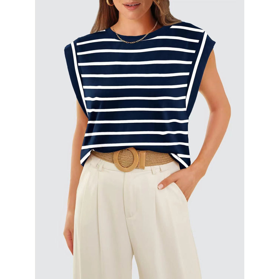 Striped Round Neck Cap Sleeve T - Shirt Apparel and Accessories