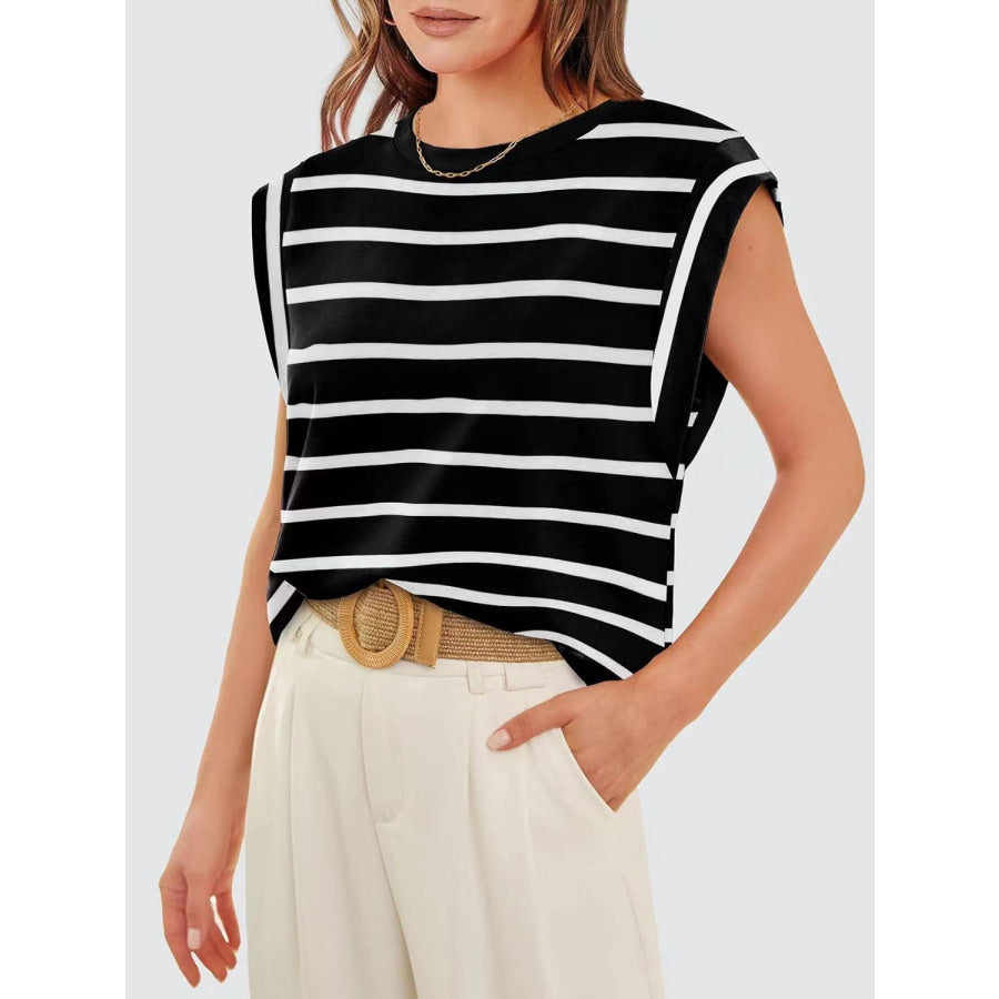 Striped Round Neck Cap Sleeve T - Shirt Black / S Apparel and Accessories