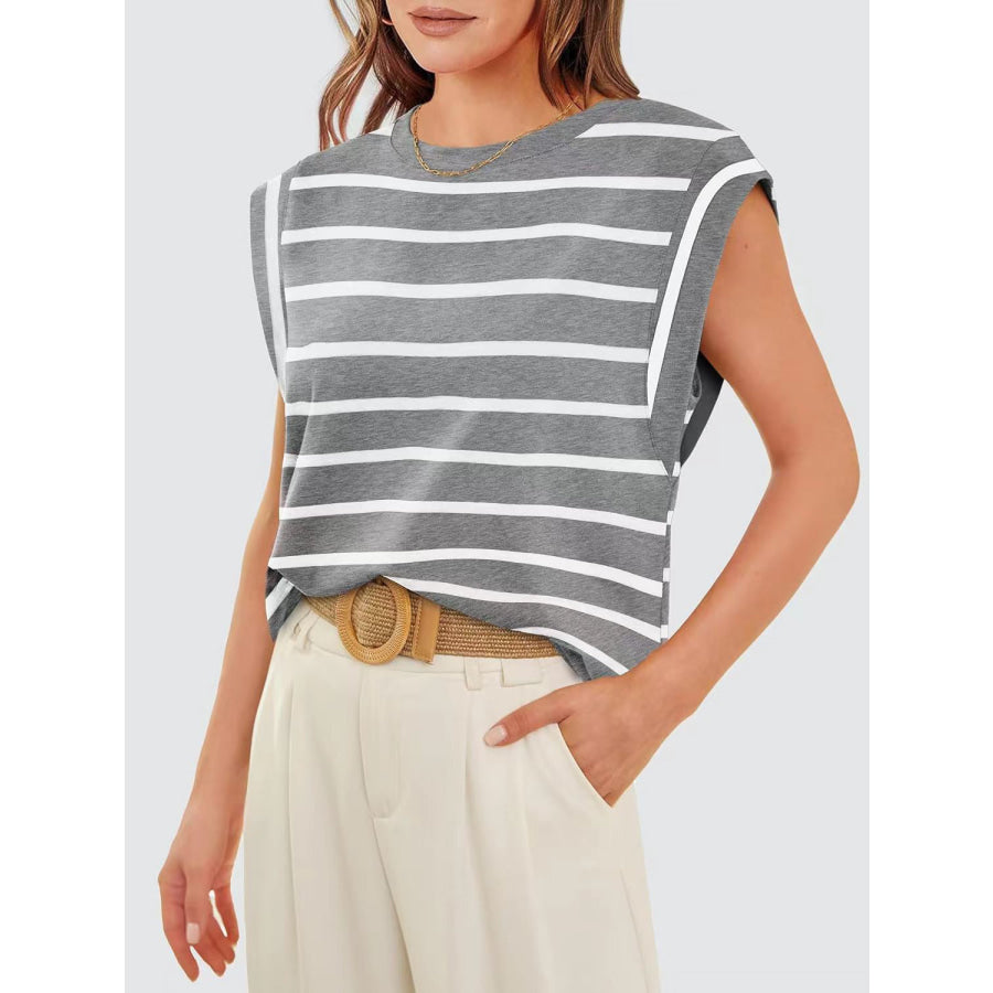 Striped Round Neck Cap Sleeve T - Shirt Cloudy Blue / S Apparel and Accessories