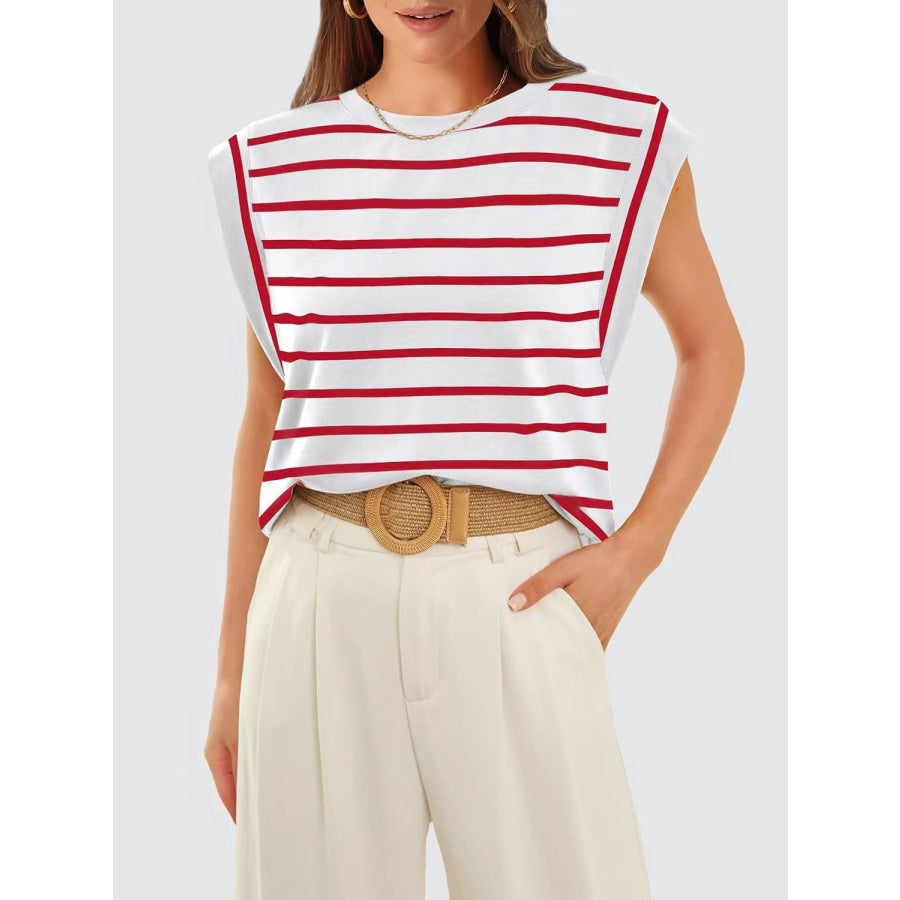 Striped Round Neck Cap Sleeve T - Shirt Red / S Apparel and Accessories