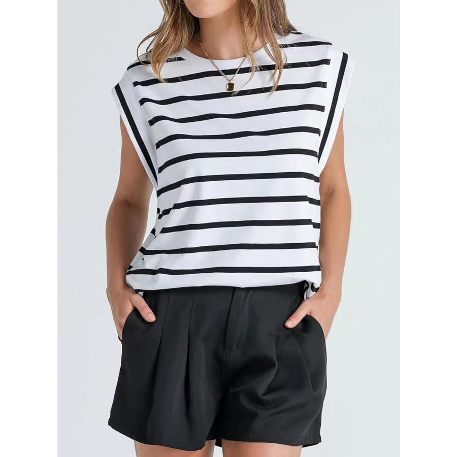 Striped Round Neck Cap Sleeve T - Shirt White / S Apparel and Accessories