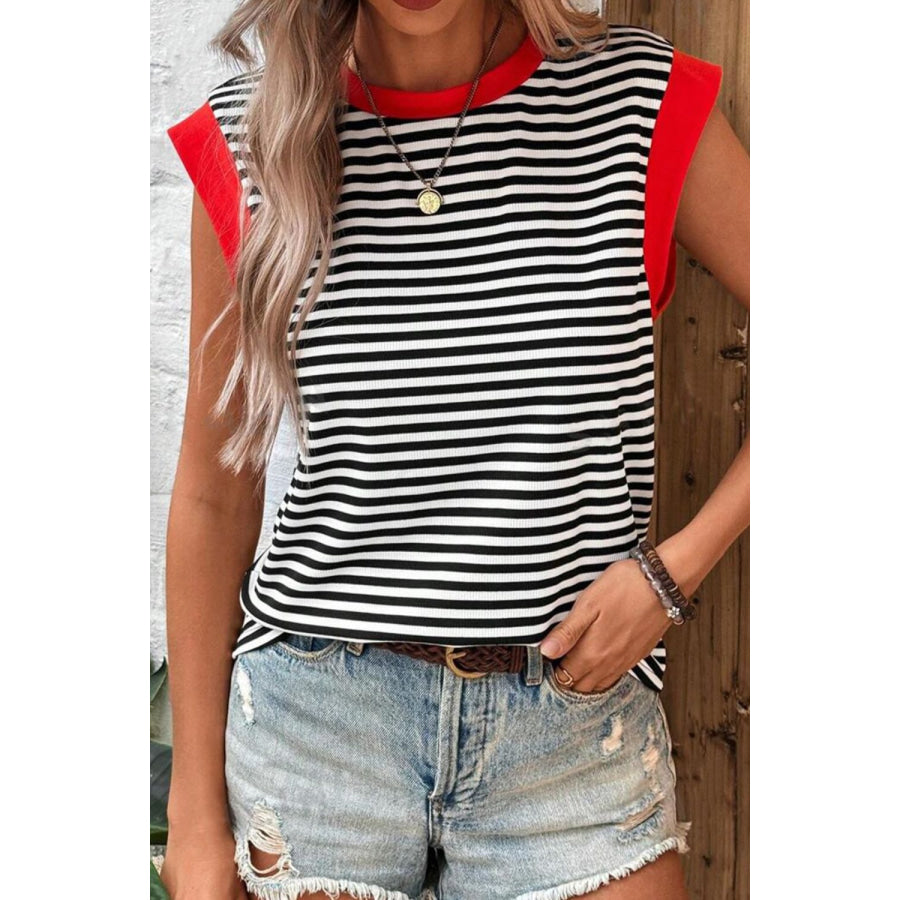 Striped Round Neck Cap Sleeve Top Black / S Apparel and Accessories