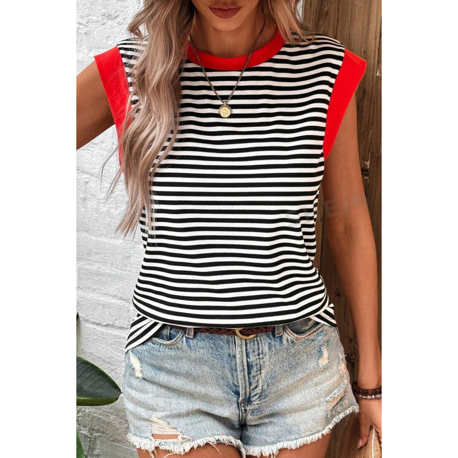 Striped Round Neck Cap Sleeve Top Apparel and Accessories