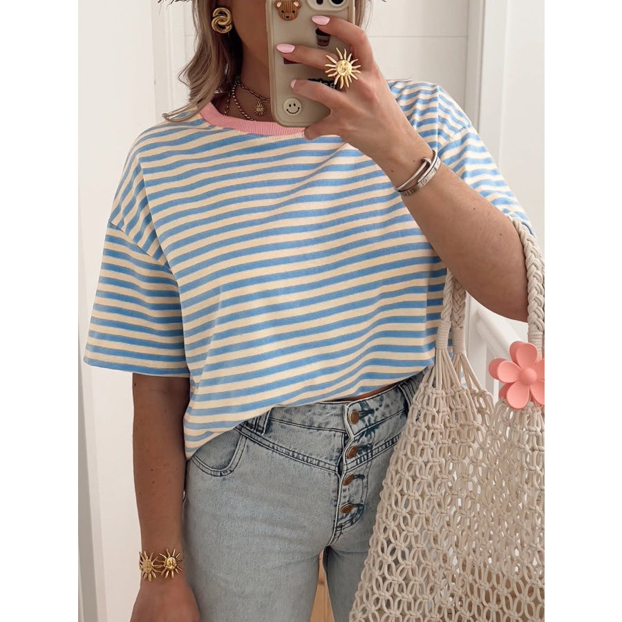Striped Round Neck Casual T-Shirt Light Blue / S Apparel and Accessories