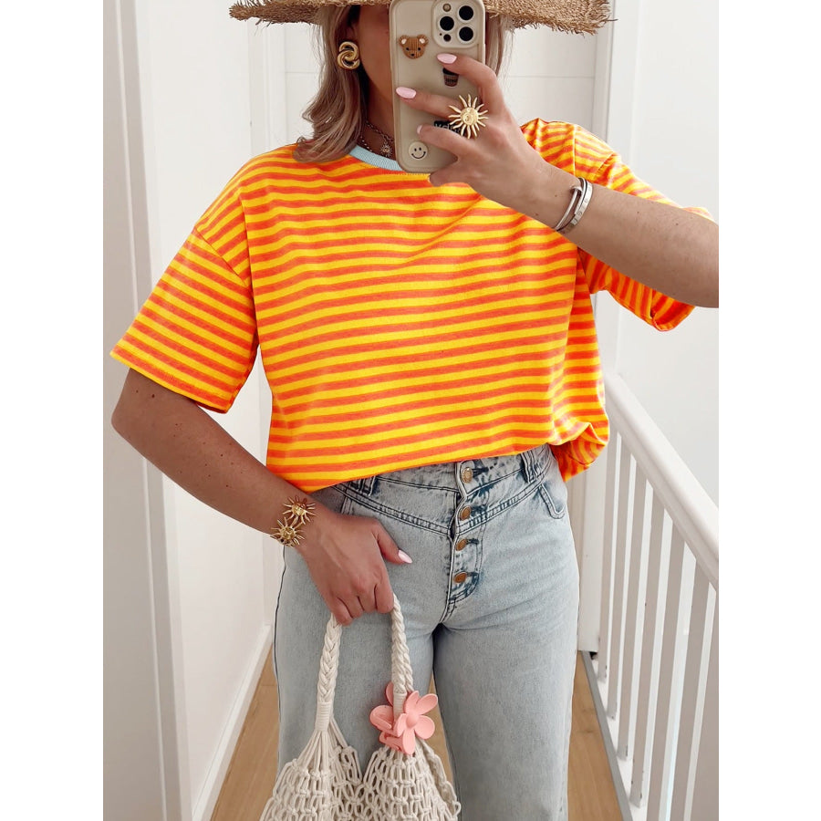 Striped Round Neck Casual T-Shirt Tangerine / S Apparel and Accessories