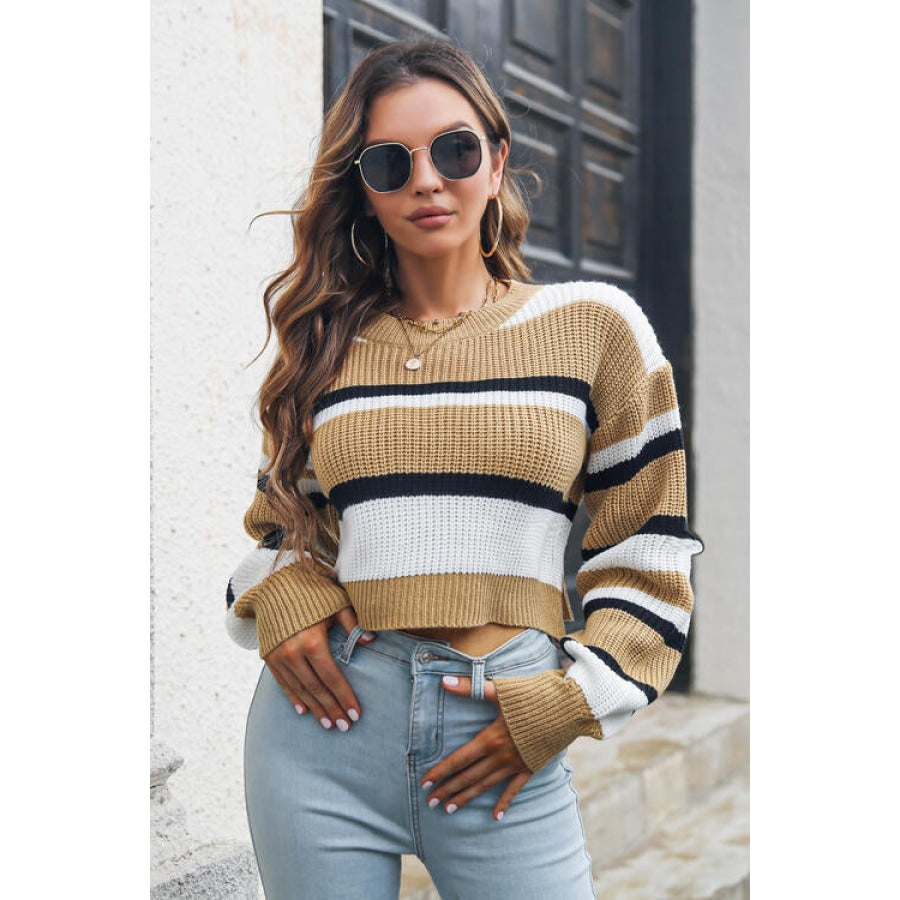 Striped Round Neck Cropped Sweater Khaki / S