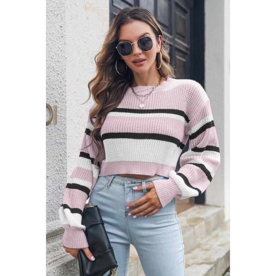 Striped Round Neck Cropped Sweater Pink / S