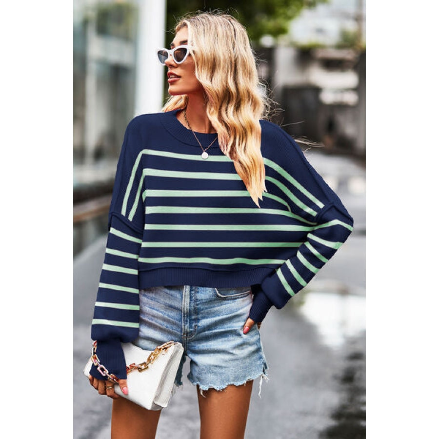 Striped Round Neck Drop Shoulder Slit Sweater Navy / S Clothing