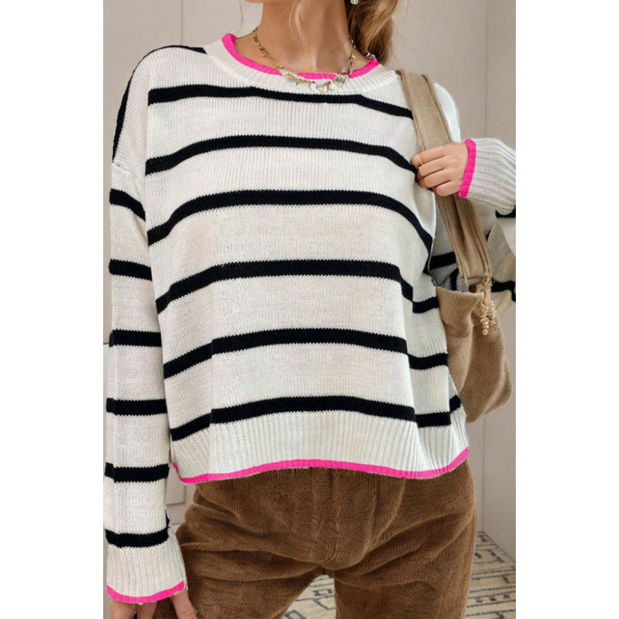 Striped Round Neck Drop Shoulder Sweater Apparel and Accessories