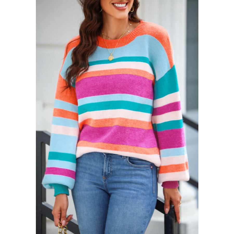 Striped Round Neck Drop Shoulder Sweater Apparel and Accessories