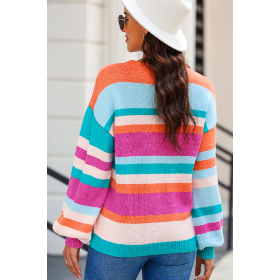 Striped Round Neck Drop Shoulder Sweater Apparel and Accessories