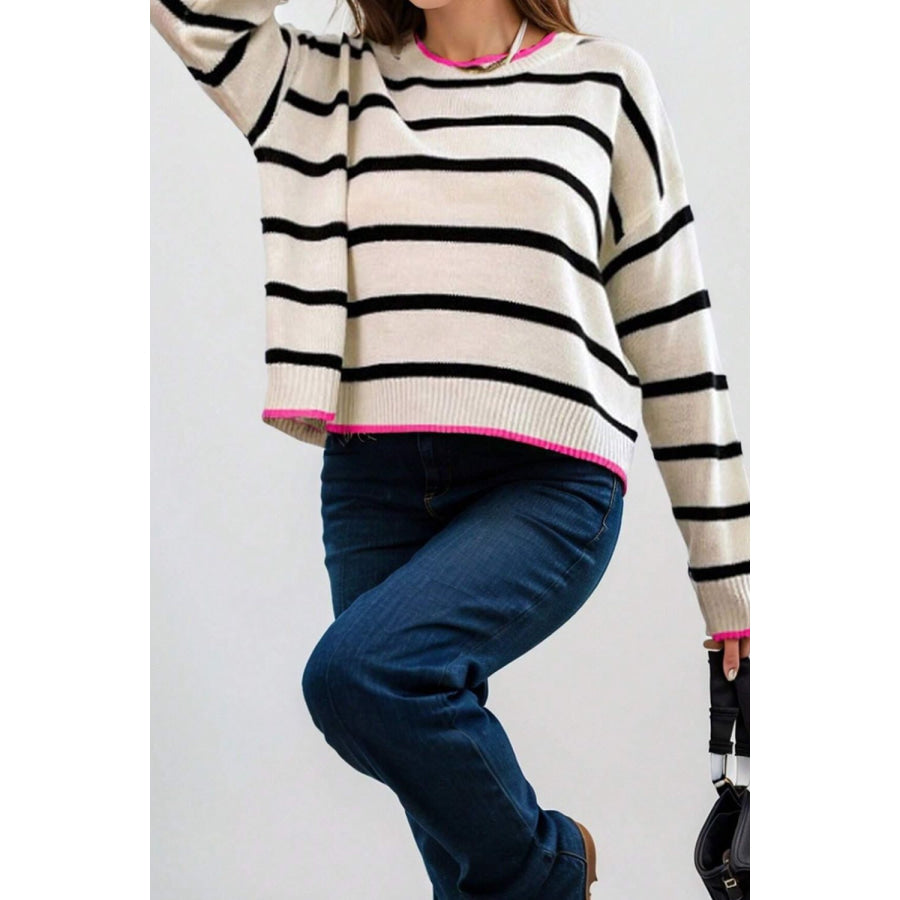 Striped Round Neck Drop Shoulder Sweater Apparel and Accessories