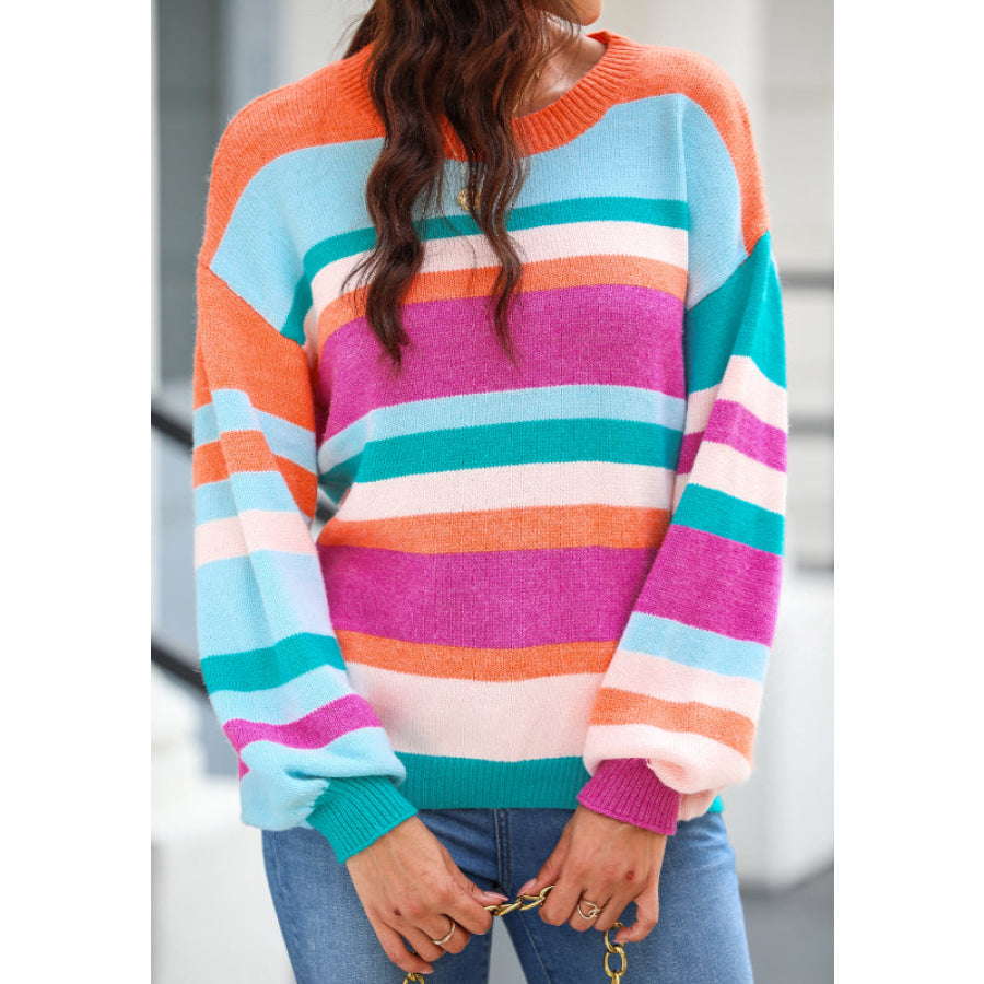 Striped Round Neck Drop Shoulder Sweater Apparel and Accessories