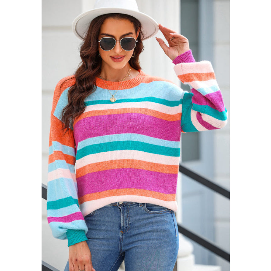 Striped Round Neck Drop Shoulder Sweater Apparel and Accessories