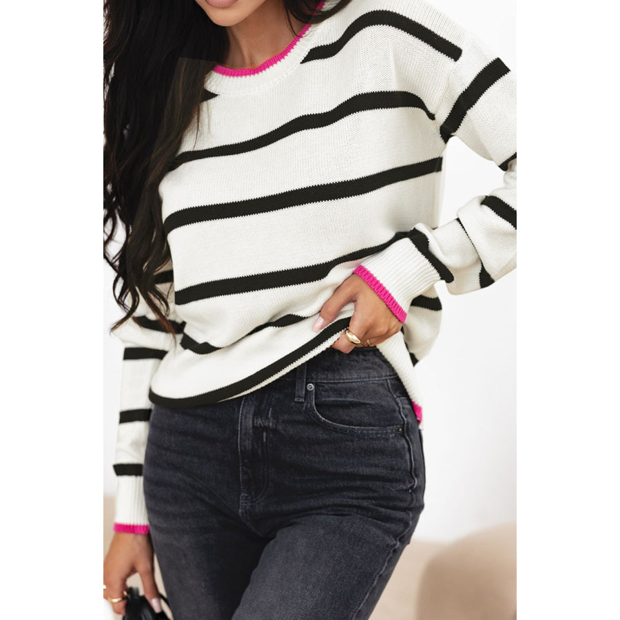 Striped Round Neck Drop Shoulder Sweater Apparel and Accessories