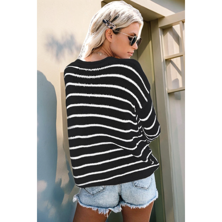 Striped Round Neck Drop Shoulder Sweater Apparel and Accessories