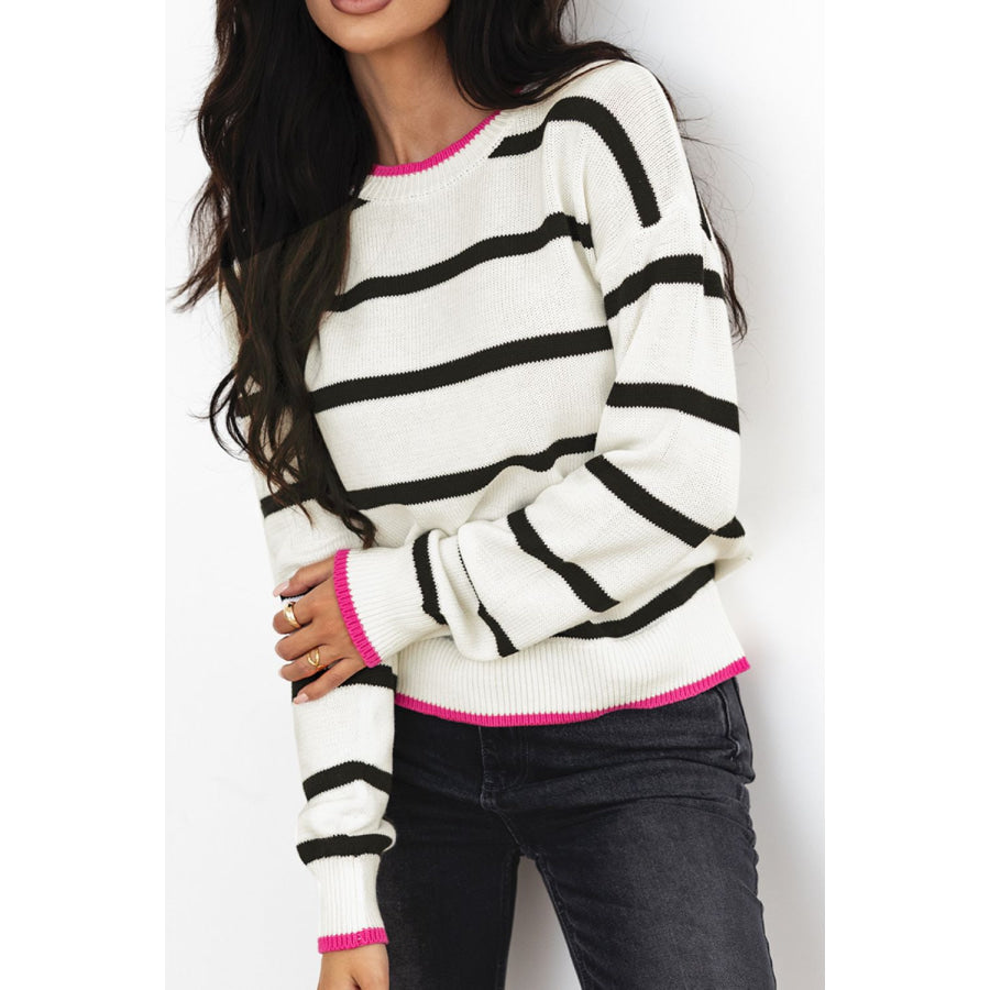 Striped Round Neck Drop Shoulder Sweater Stripe / S Apparel and Accessories