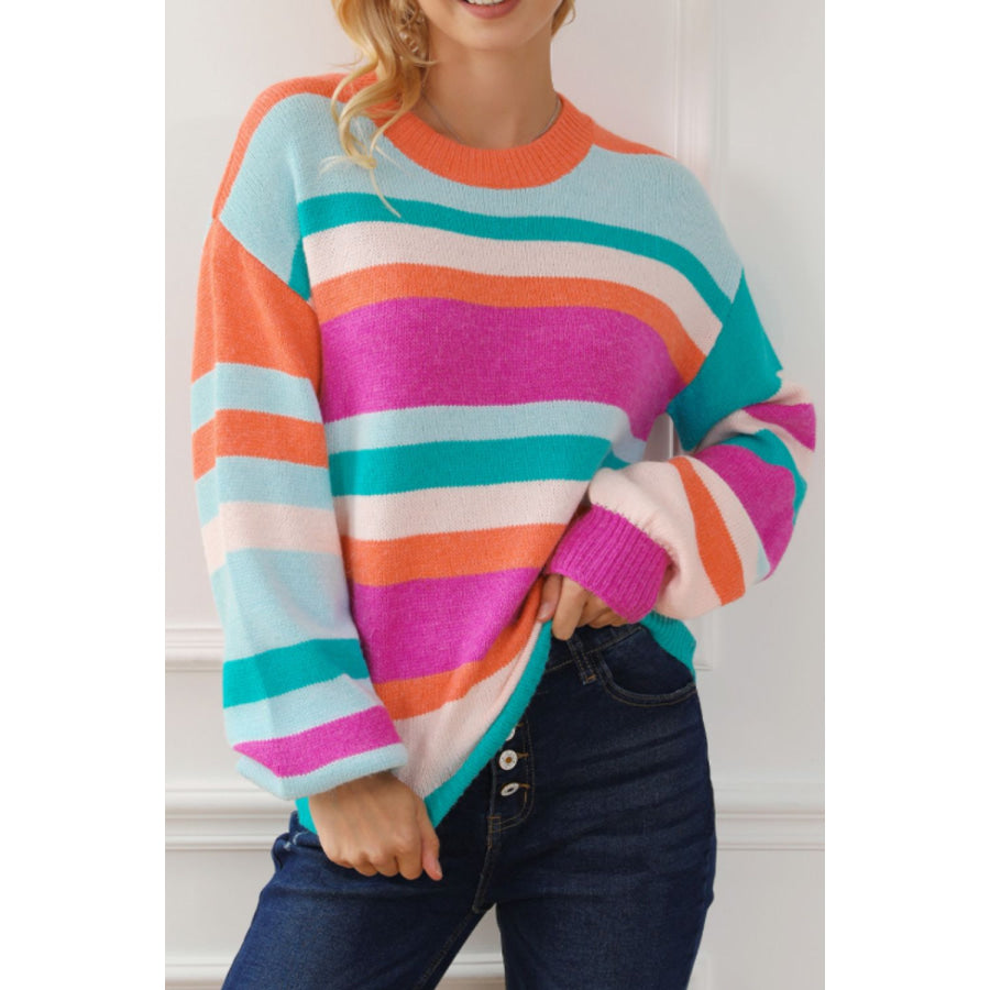 Striped Round Neck Drop Shoulder Sweater Stripe / S Apparel and Accessories