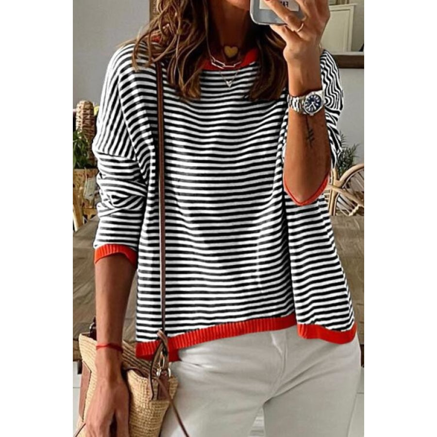 Striped Round Neck Drop Shoulder T-Shirt Black / XS