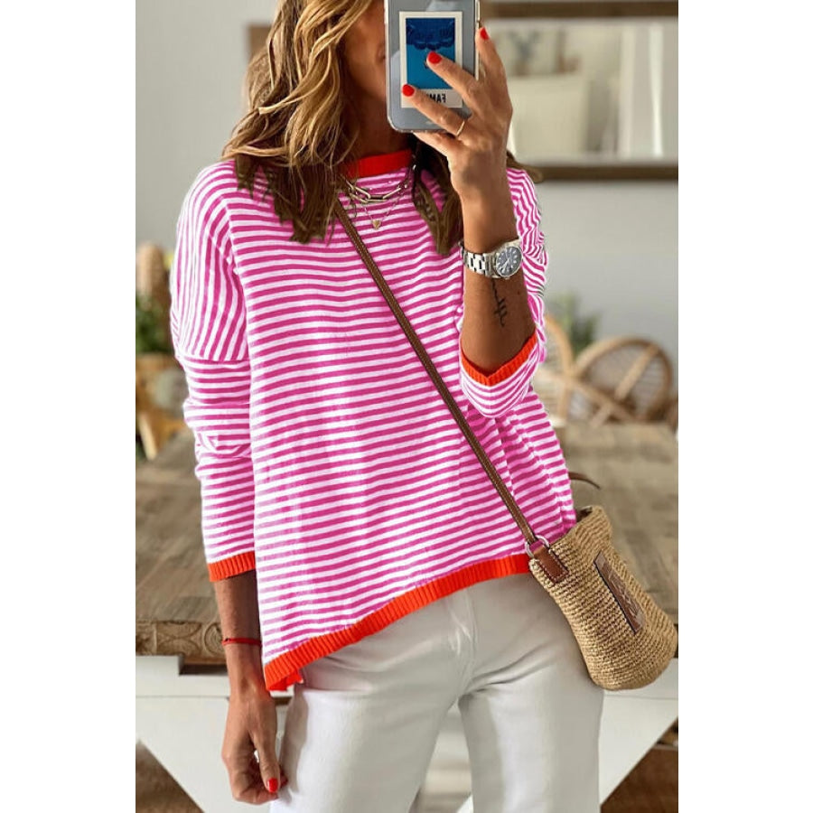 Striped Round Neck Drop Shoulder T-Shirt Hot Pink / XS