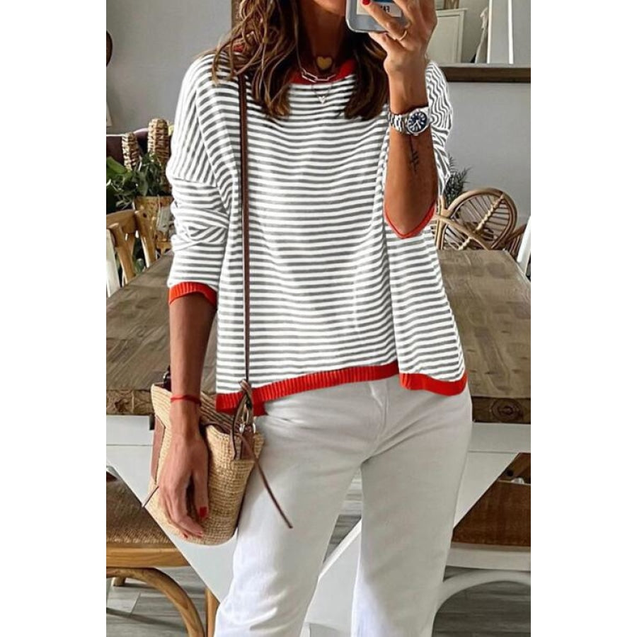 Striped Round Neck Drop Shoulder T-Shirt Light Gray / XS