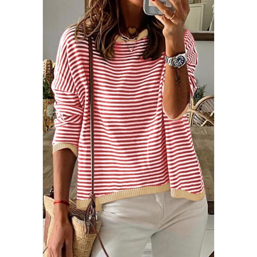 Striped Round Neck Drop Shoulder T-Shirt Red / XS