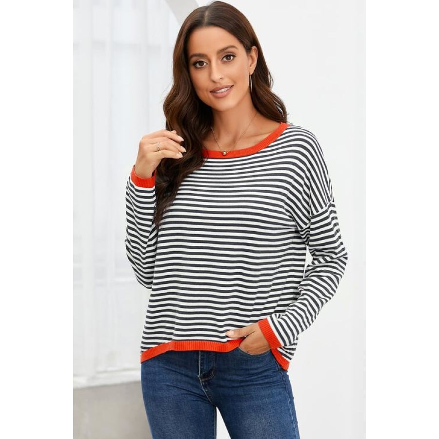 Striped Round Neck Drop Shoulder T-Shirt Stripe / XS