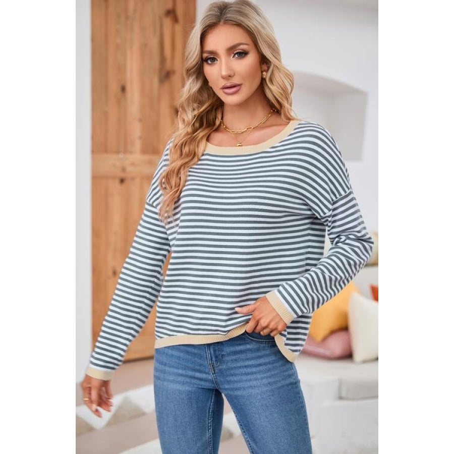 Striped Round Neck Drop Shoulder T-Shirt