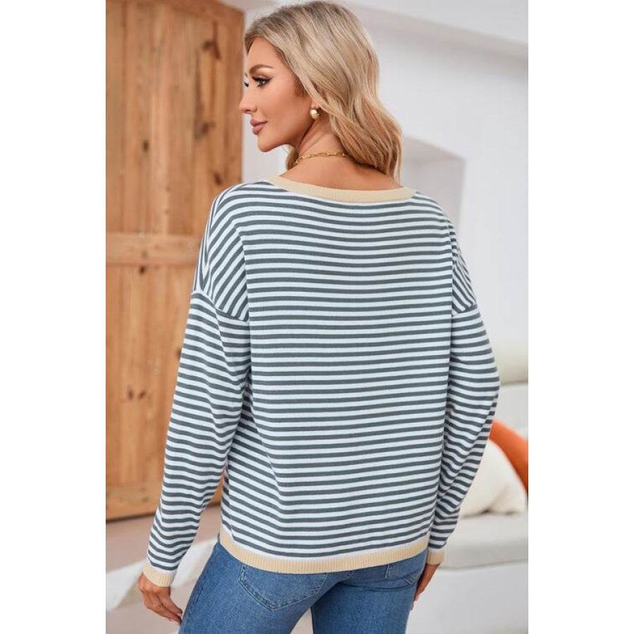 Striped Round Neck Drop Shoulder T-Shirt