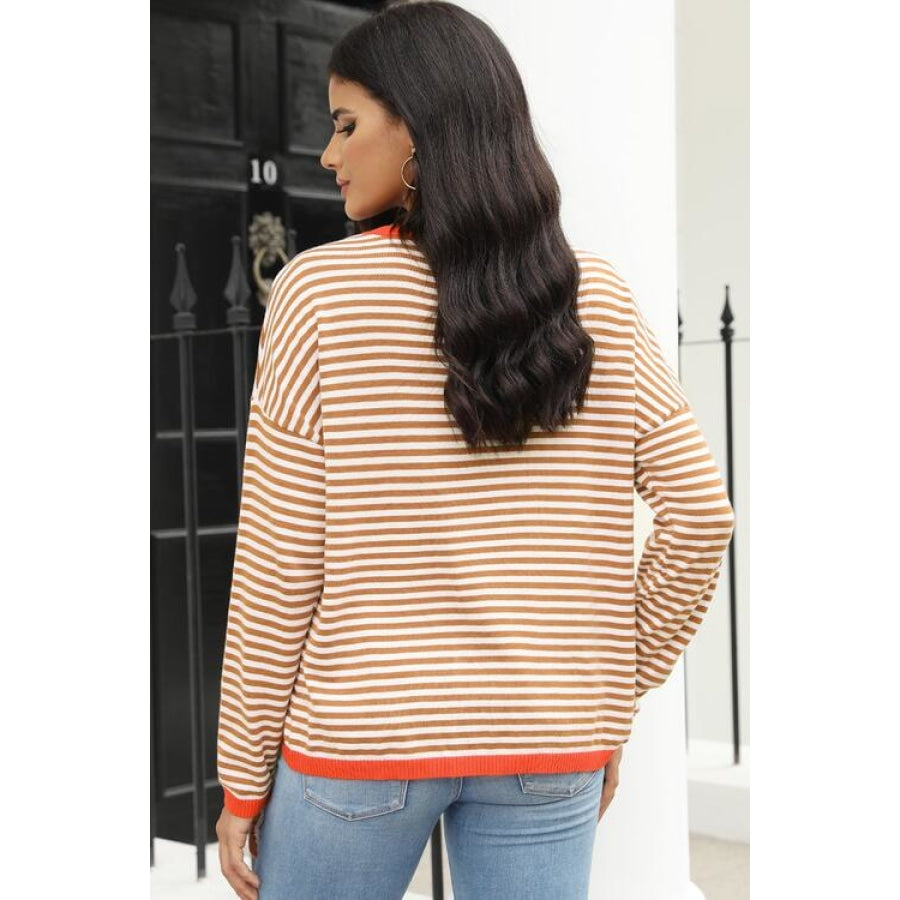 Striped Round Neck Drop Shoulder T-Shirt Ochre / XS