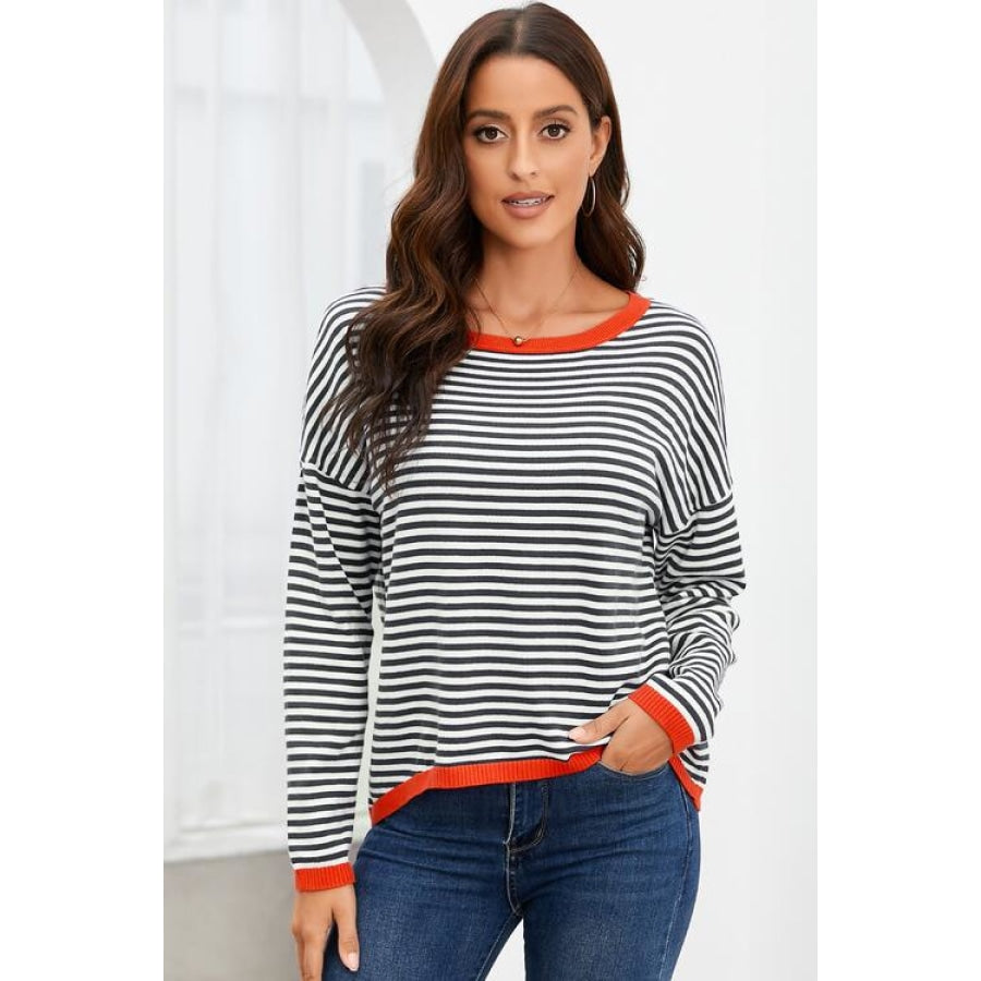 Striped Round Neck Drop Shoulder T-Shirt