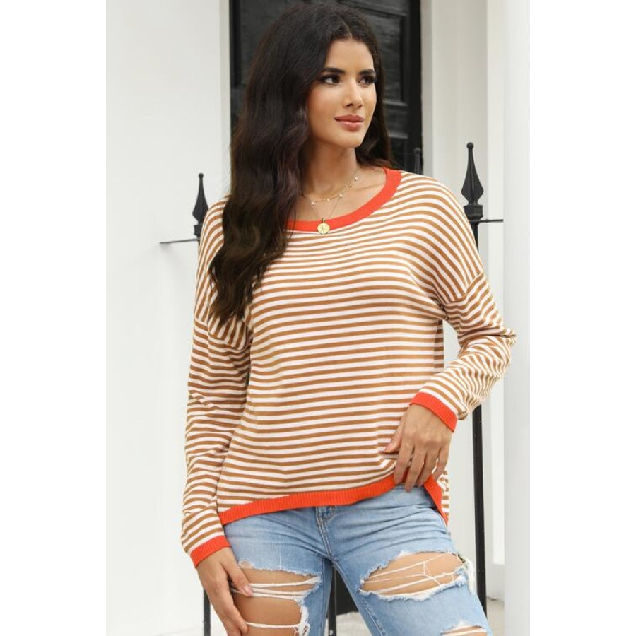 Striped Round Neck Drop Shoulder T-Shirt