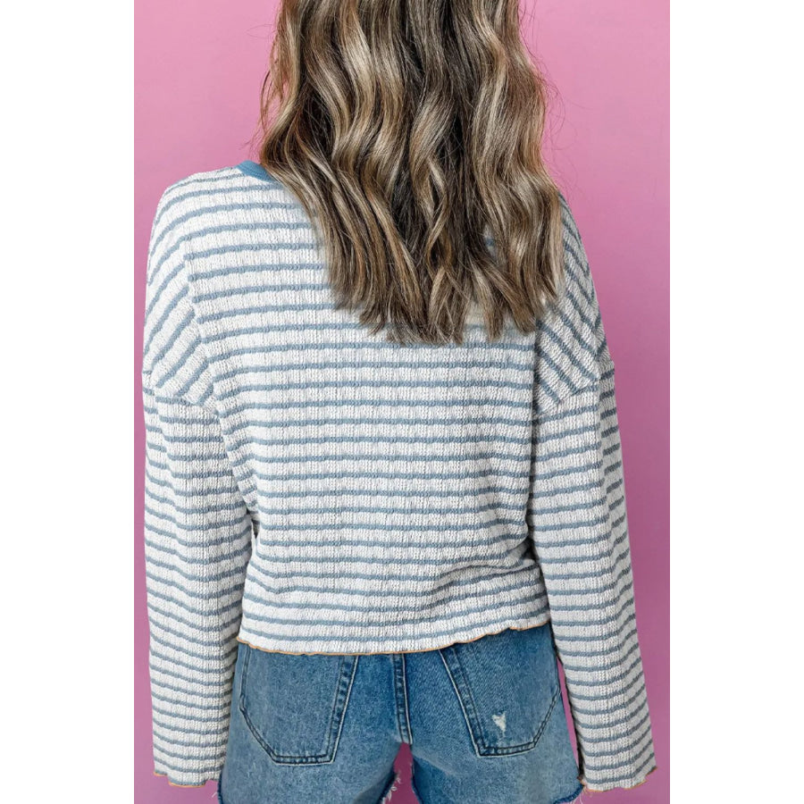 Striped Round Neck Dropped Shoulder Long Sleeve Top Dusty Blue / S Apparel and Accessories