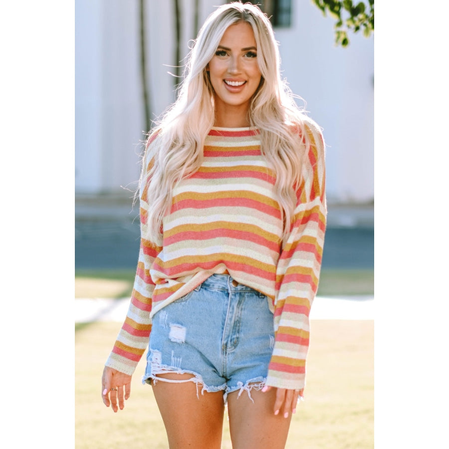 Striped Round Neck Dropped Shoulder Pullover Sweater Stripe / S