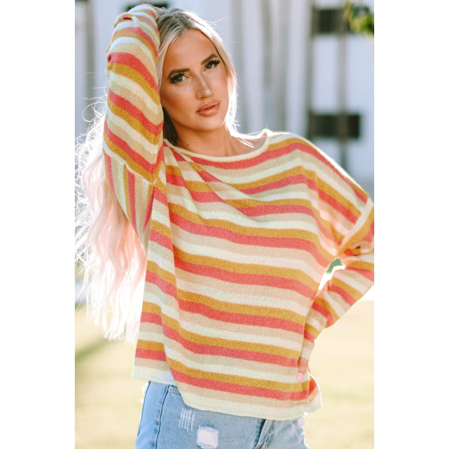 Striped Round Neck Dropped Shoulder Pullover Sweater