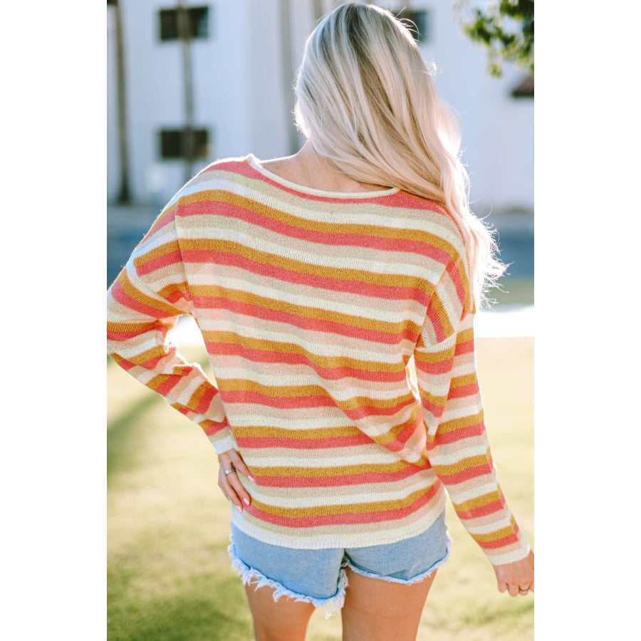 Striped Round Neck Dropped Shoulder Pullover Sweater