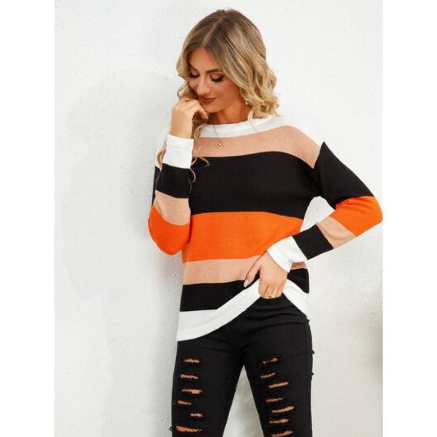 Striped Round Neck Dropped Shoulder Sweater Apparel and Accessories