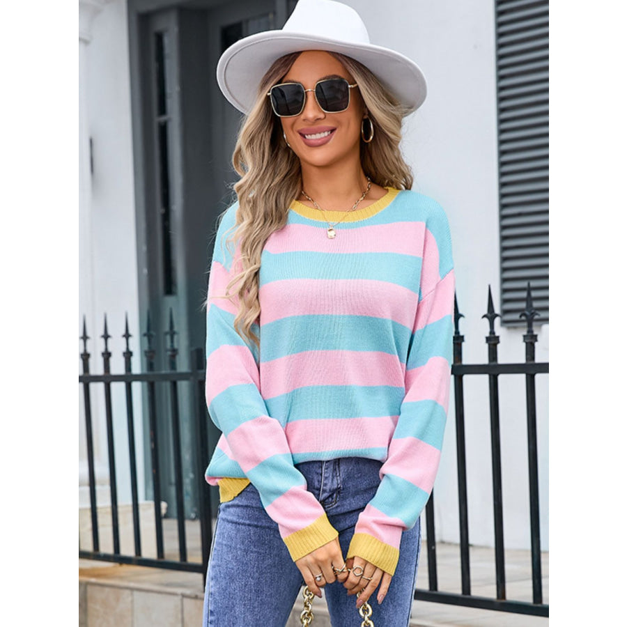 Striped Round Neck Dropped Shoulder Sweater Apparel and Accessories