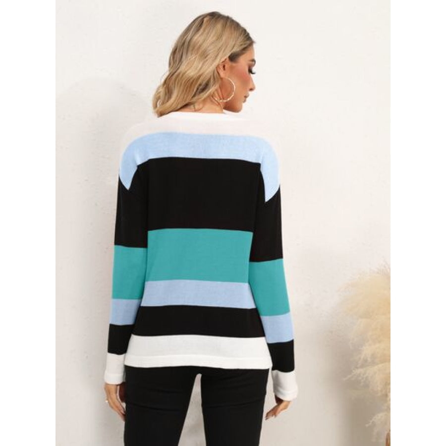 Striped Round Neck Dropped Shoulder Sweater Apparel and Accessories