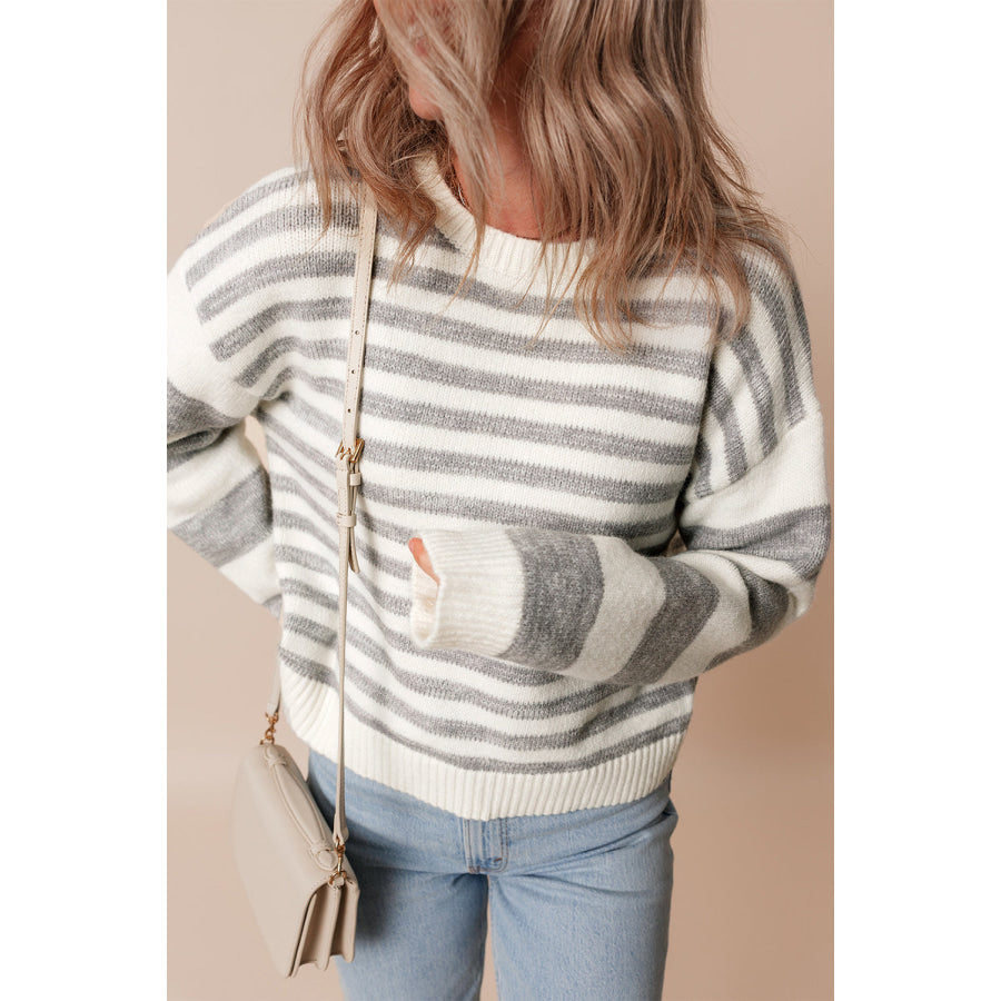 Striped Round Neck Dropped Shoulder Sweater Apparel and Accessories